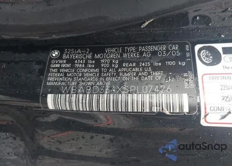 2005 BMW 325Ci z USA, uszkodzony, nr VIN WBABD334X5PL07426